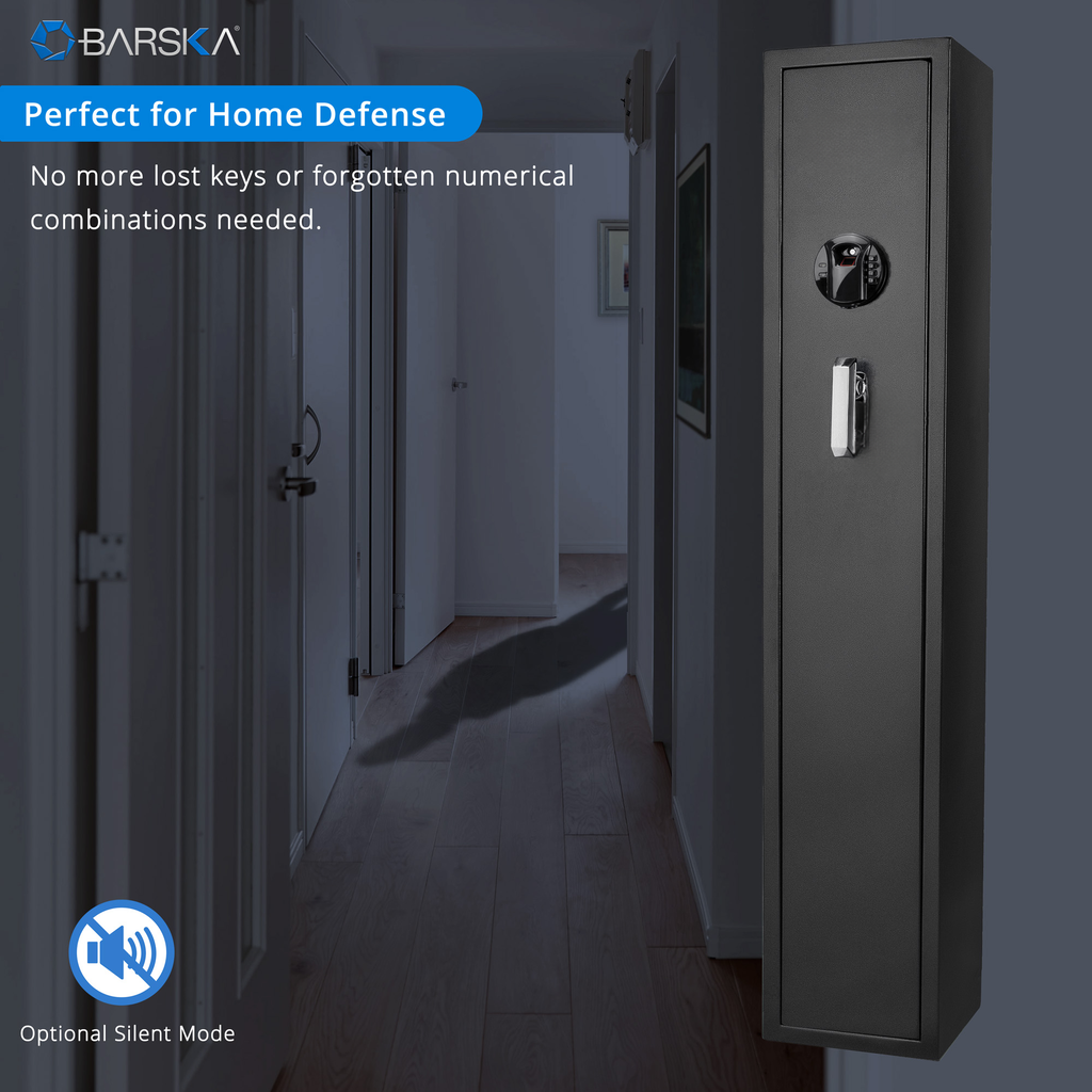Slim black rifle gun safe with digital keypad and handle on hallway wall