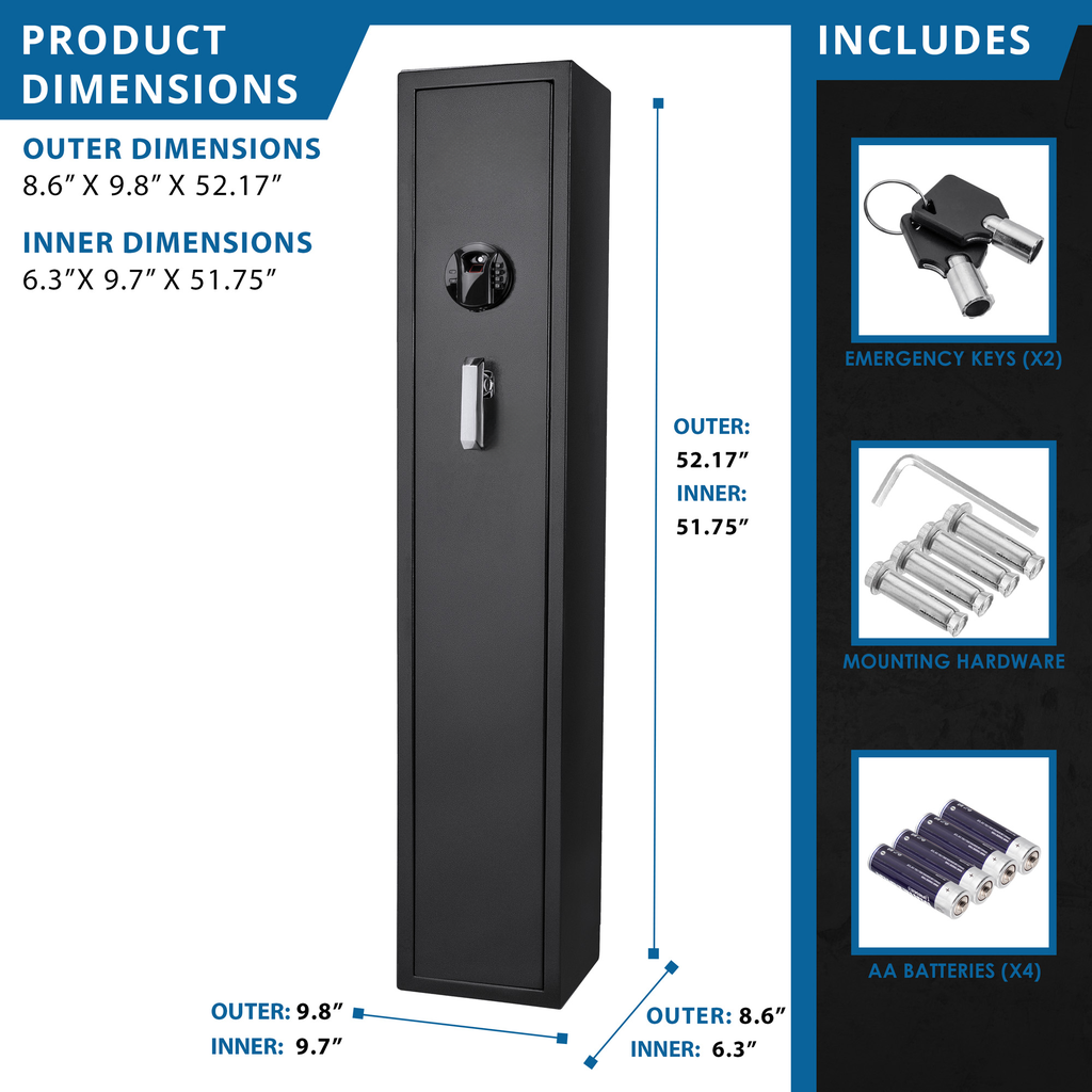 Tall black steel gun safe with digital lock and handle