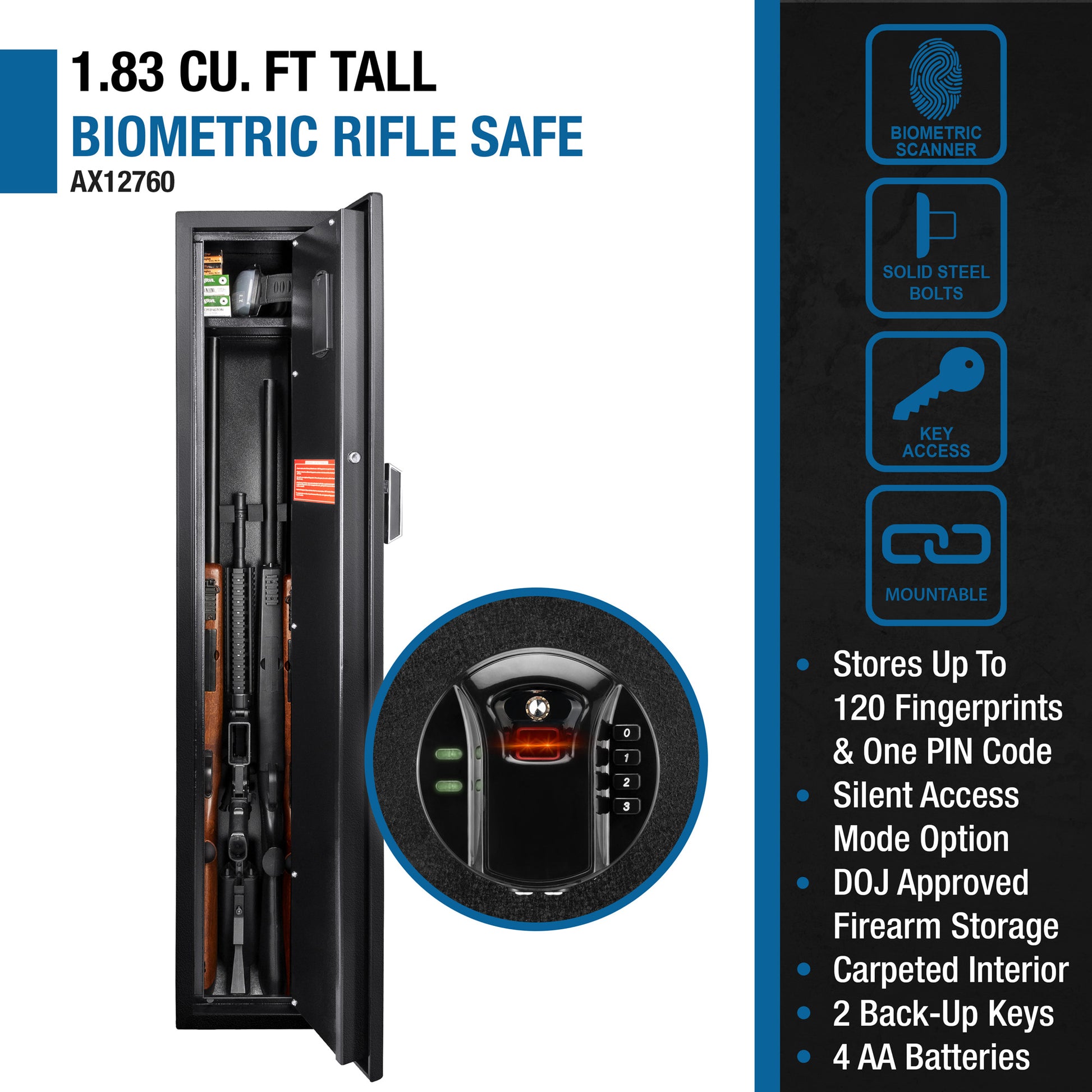 Tall biometric rifle safe with internal firearms and digital keypad for secure storage