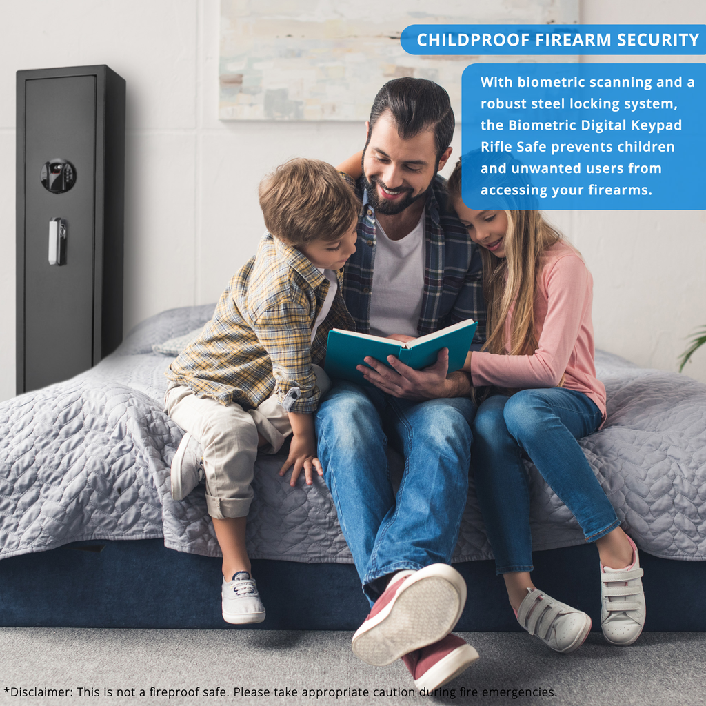 Tall black biometric rifle safe with digital keypad