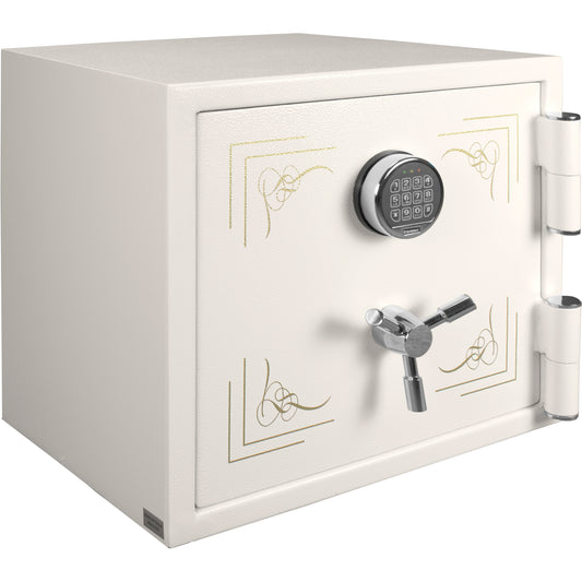 White digital safe with chrome handle and keypad