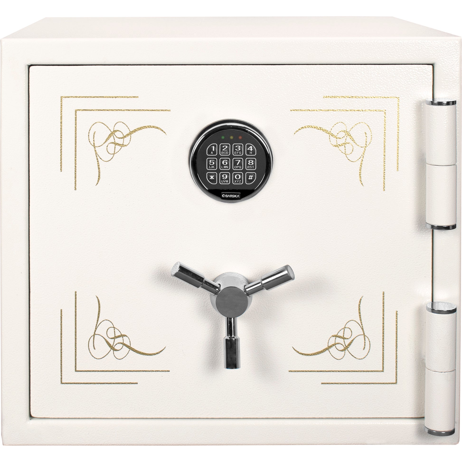 White digital safe with ornate gold corner details and a chrome threespoke handle