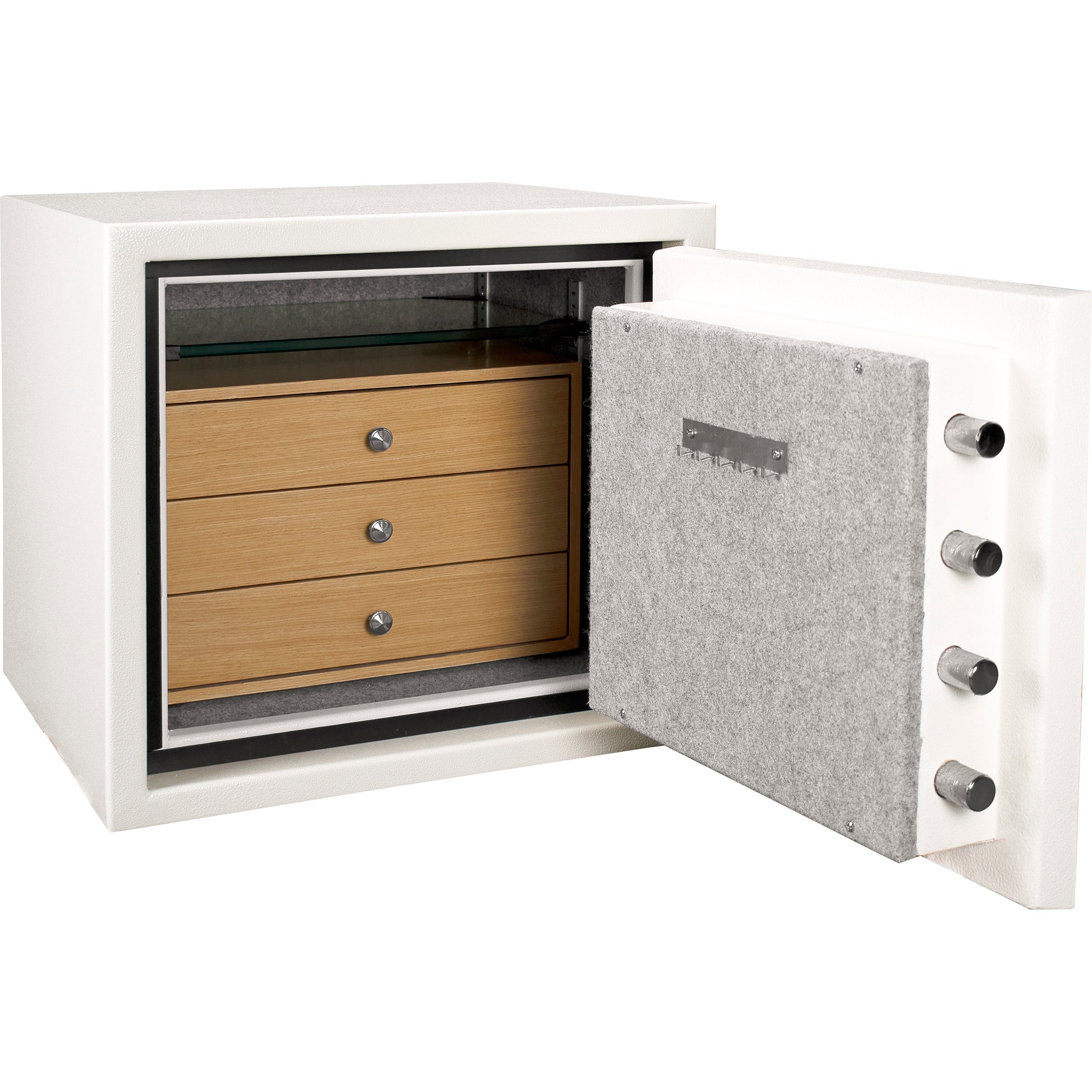 White home safe with a threedrawer wooden interior and metal locking bolts