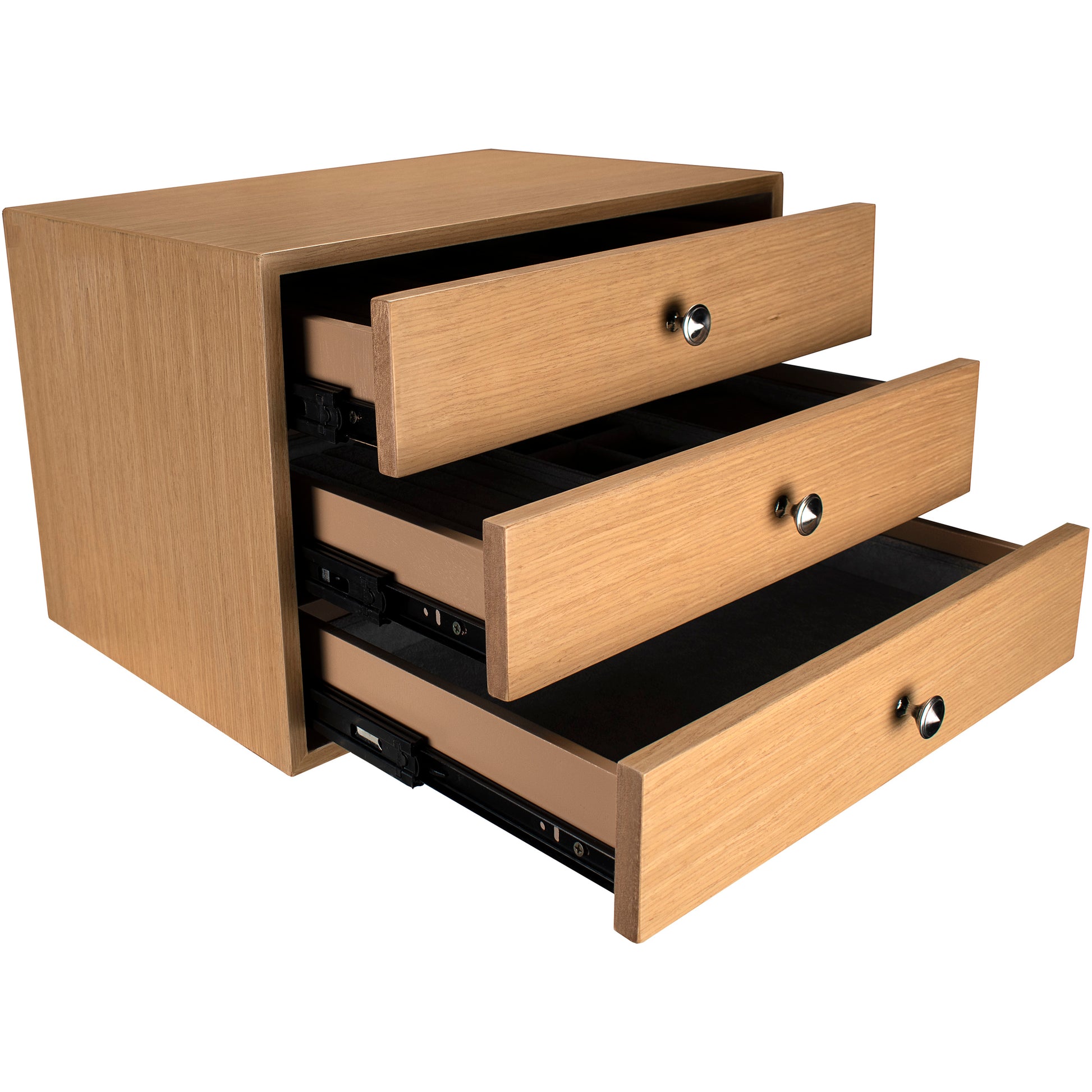 Threedrawer light oak desk organizer with brushed nickel knobs