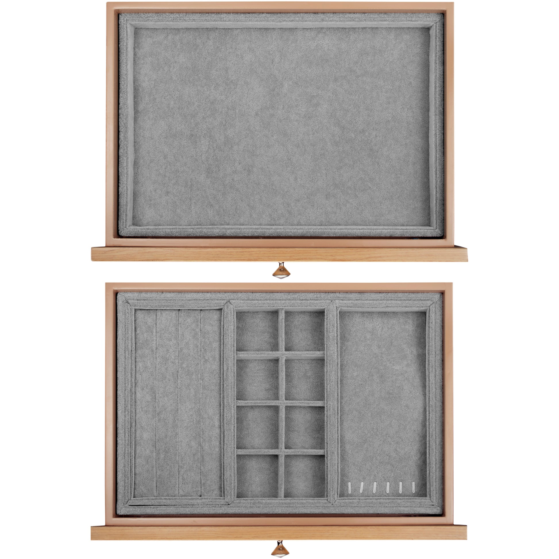 Wooden jewelry box with gray velvet lining and compartments