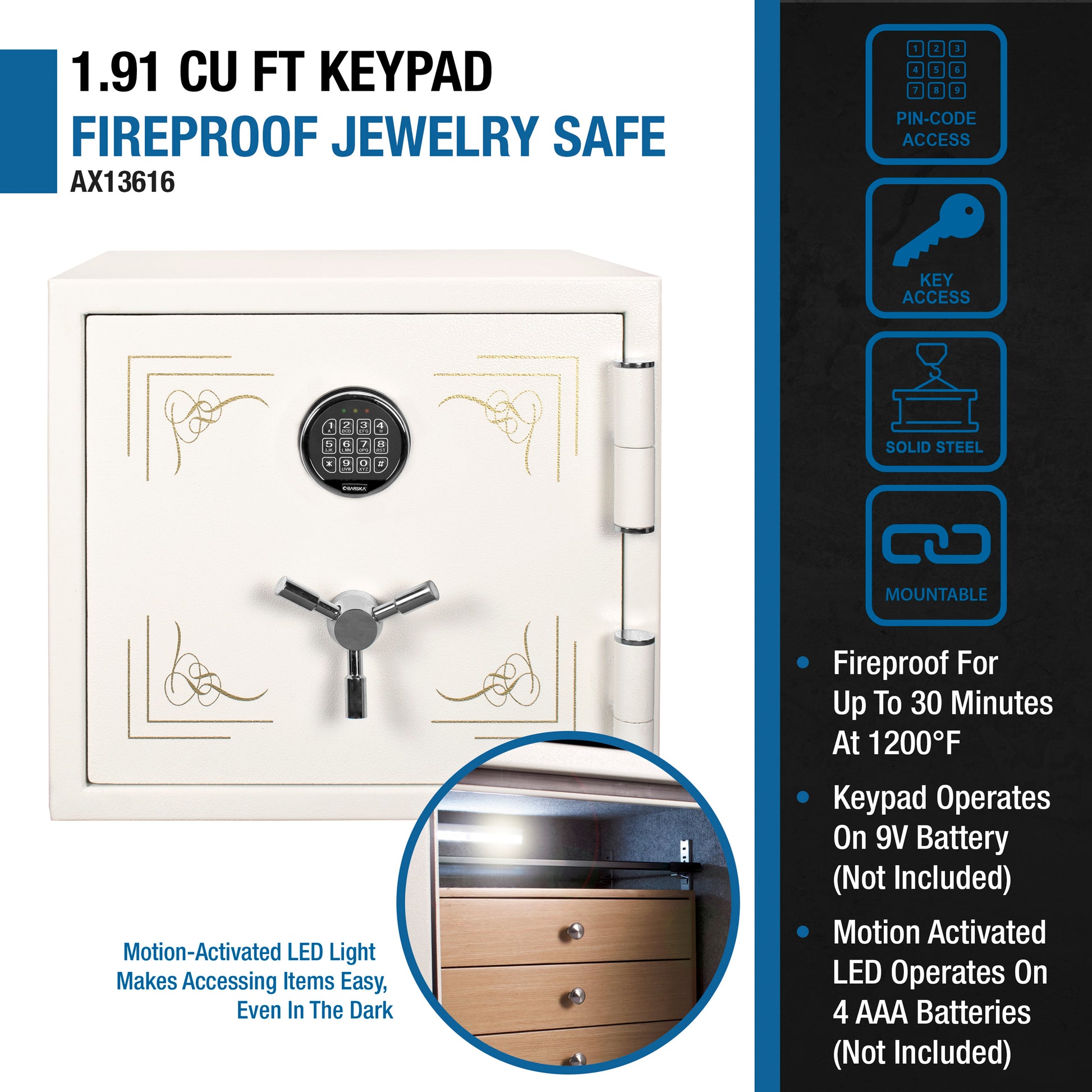 White  cu ft keypad fireproof jewelry safe with gold decorative accents and keypad