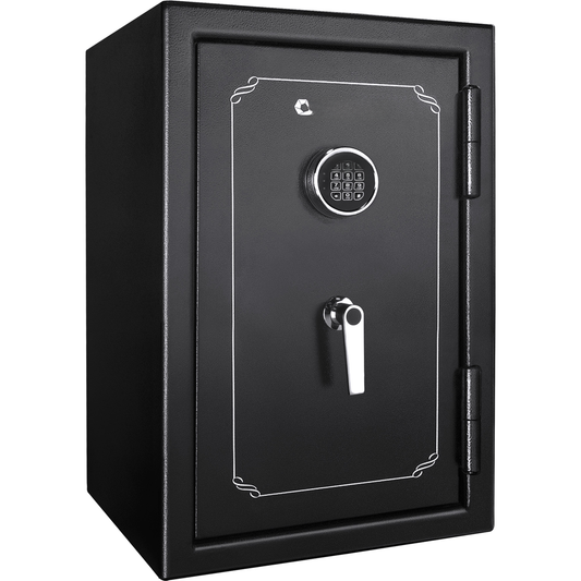 Black steel safe with digital keypad and chrome handle