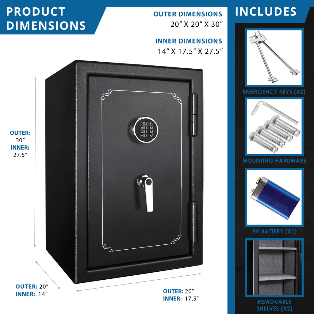 Black steel security safe with digital keypad and chrome handle