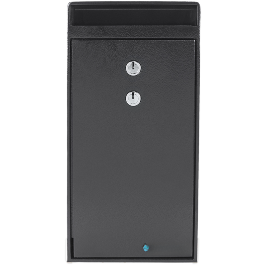 Black metal drop box with two key locks for secure mail delivery