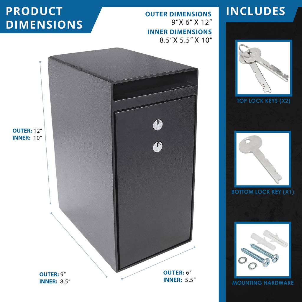 Black steel drop safe with dual key locks