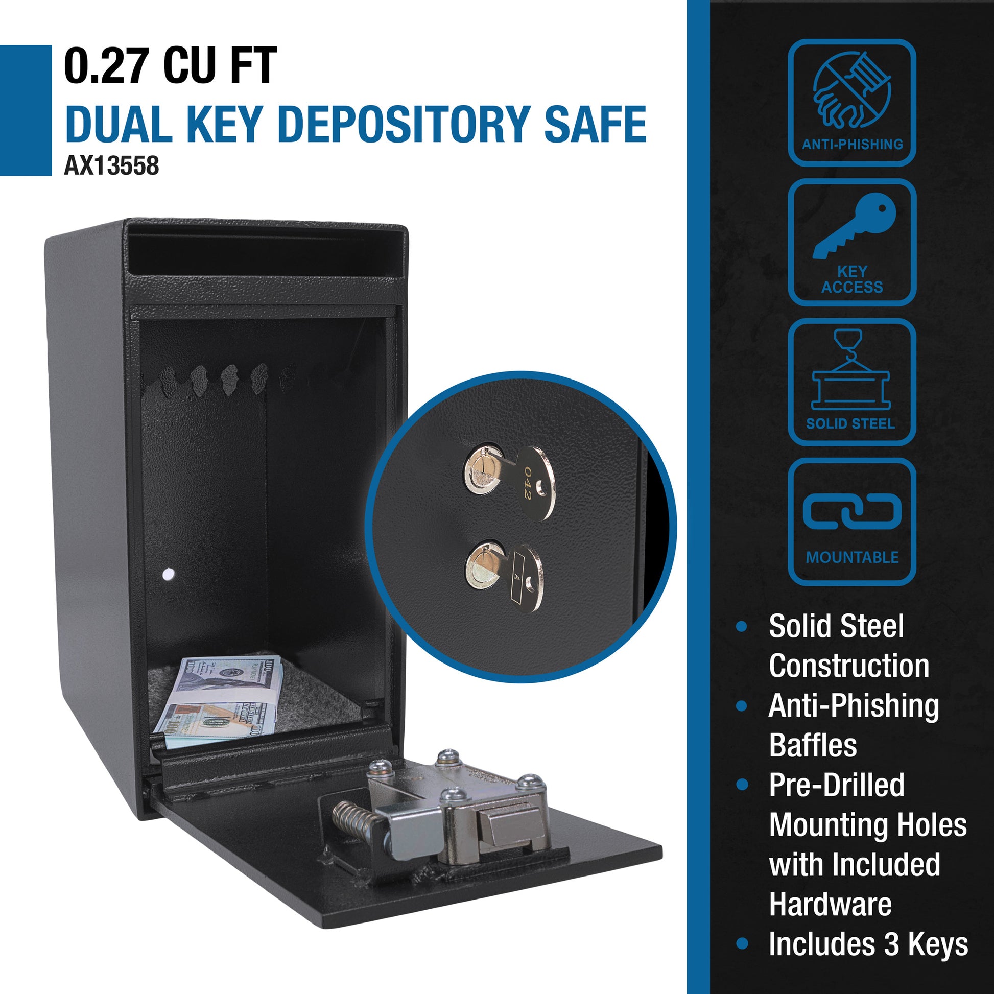 Black  cu ft dual key depository safe with frontloading slot and interior