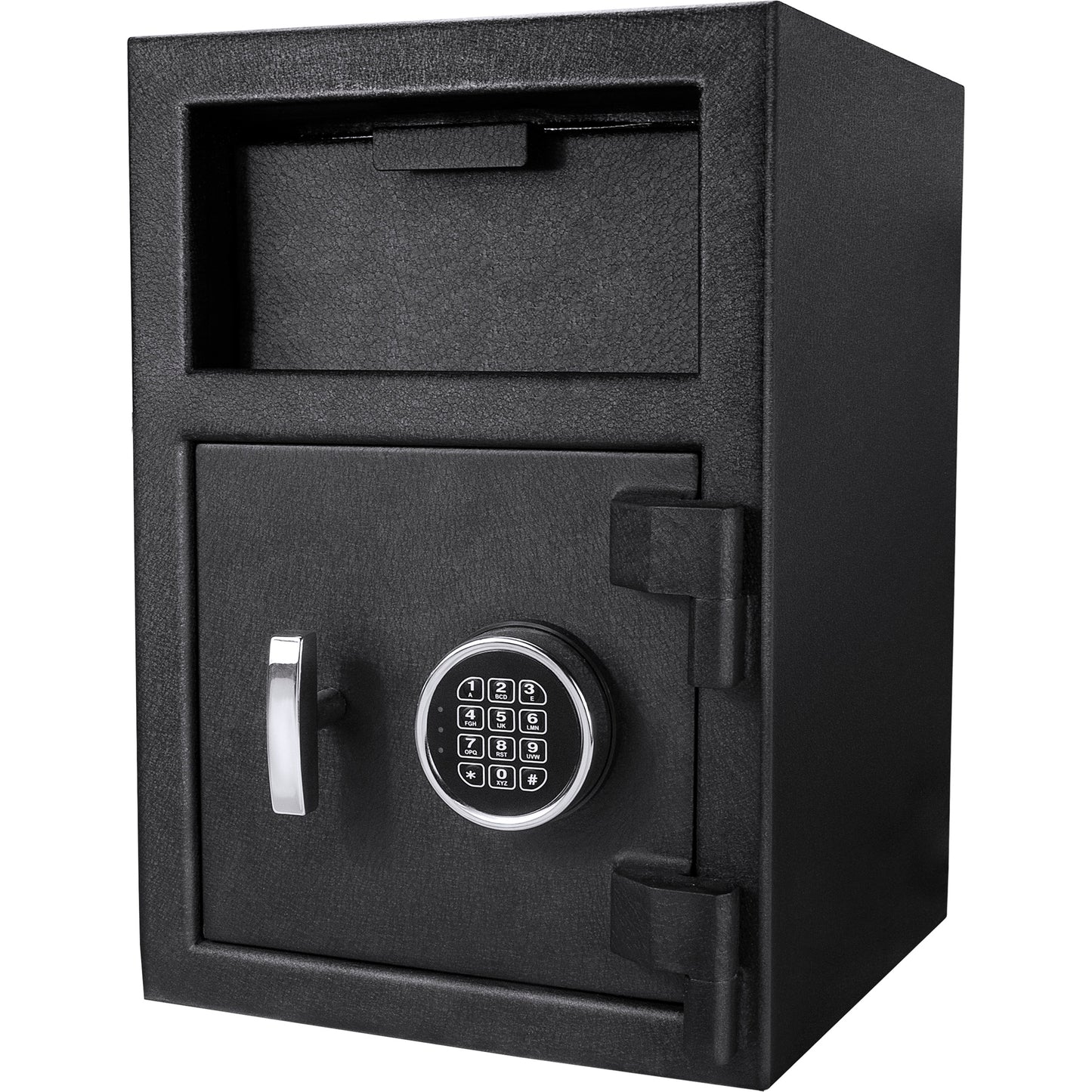 Black digital safe with chrome handle and key lock