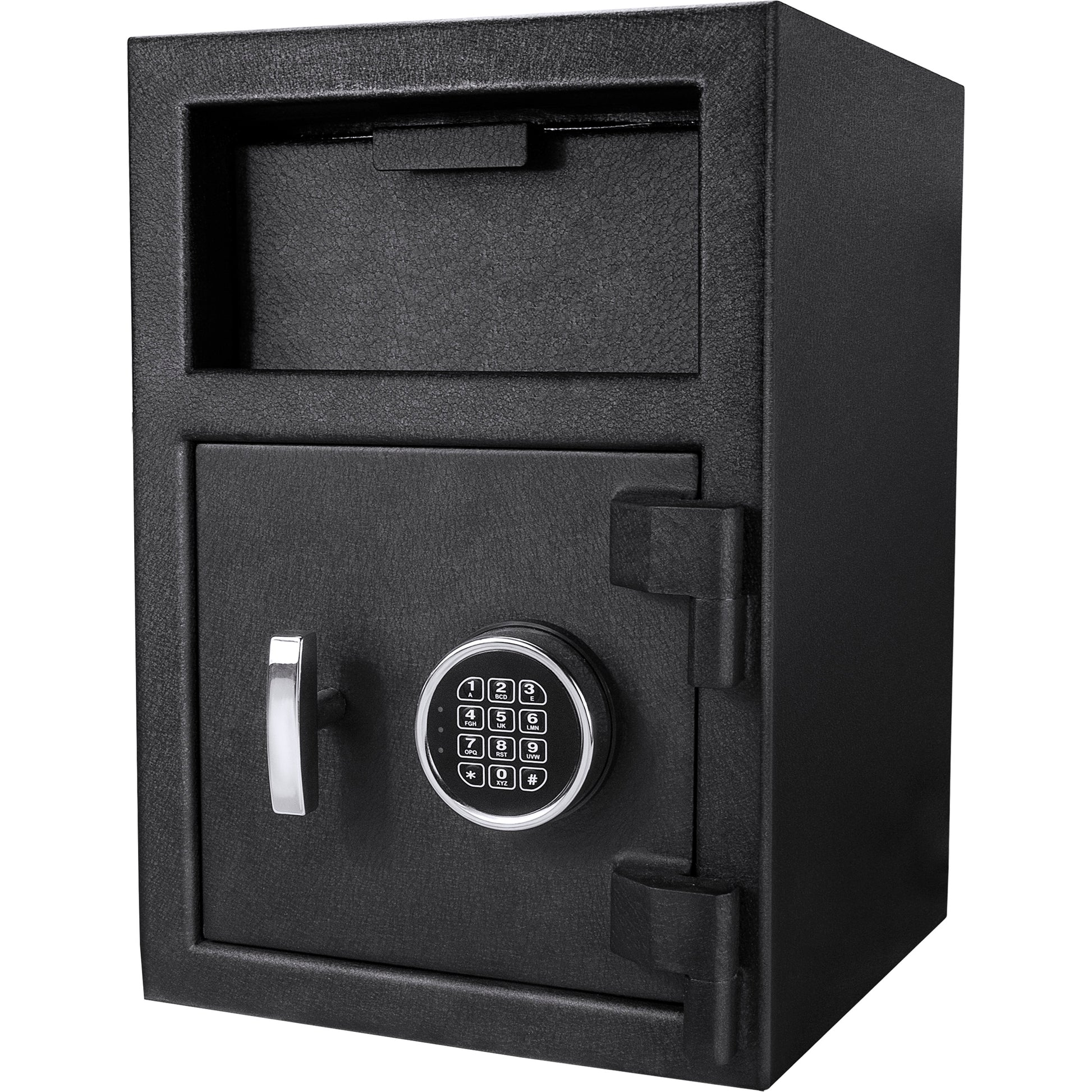 Black digital safe with chrome handle and key lock