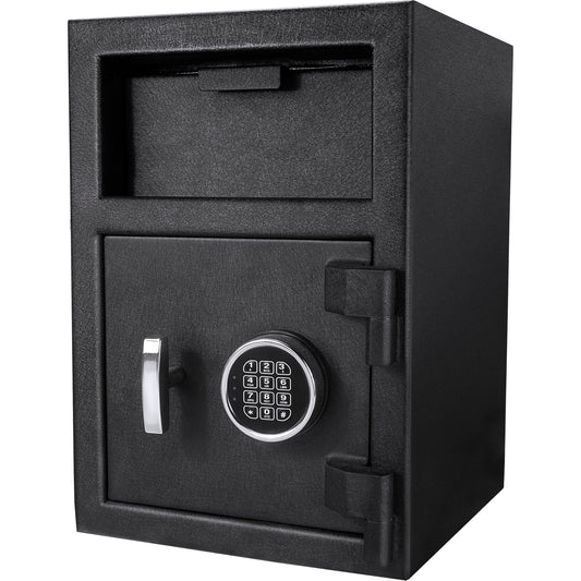 Black digital safe with chrome handle and key lock