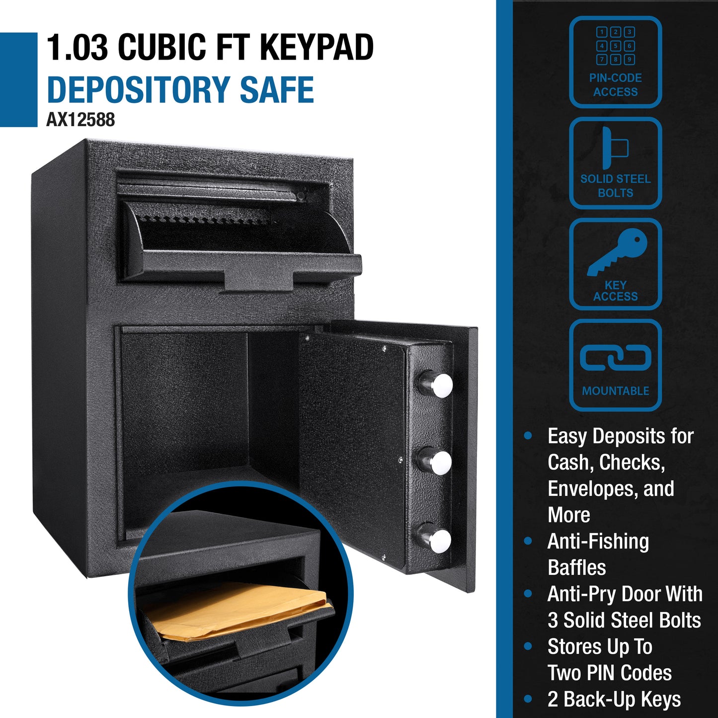 Black  cu ft depository safe with keypad lock and open door showing interior