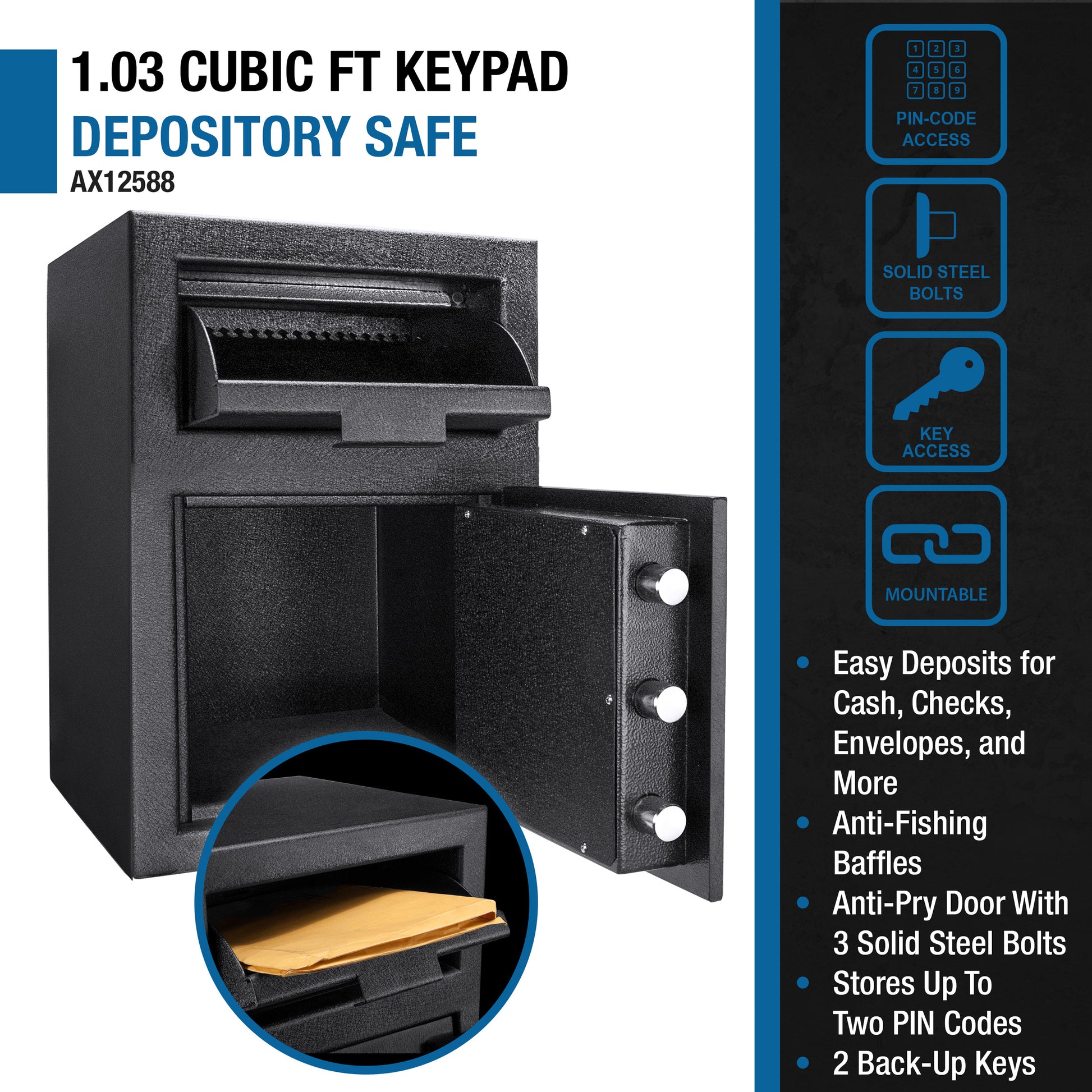 Black  cu ft depository safe with keypad lock and open door showing interior