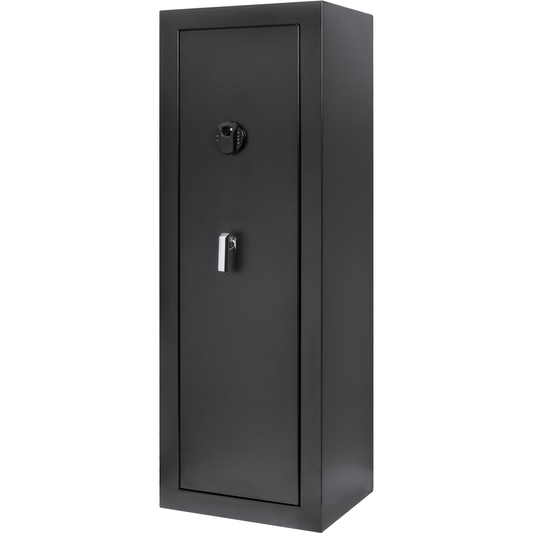 Tall black metal gun safe with digital keypad and handle