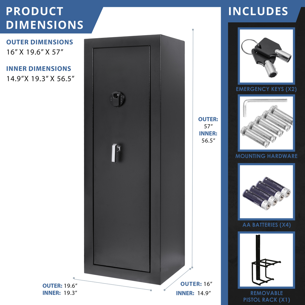 Tall black electronic safe with keypad lock and silver handle