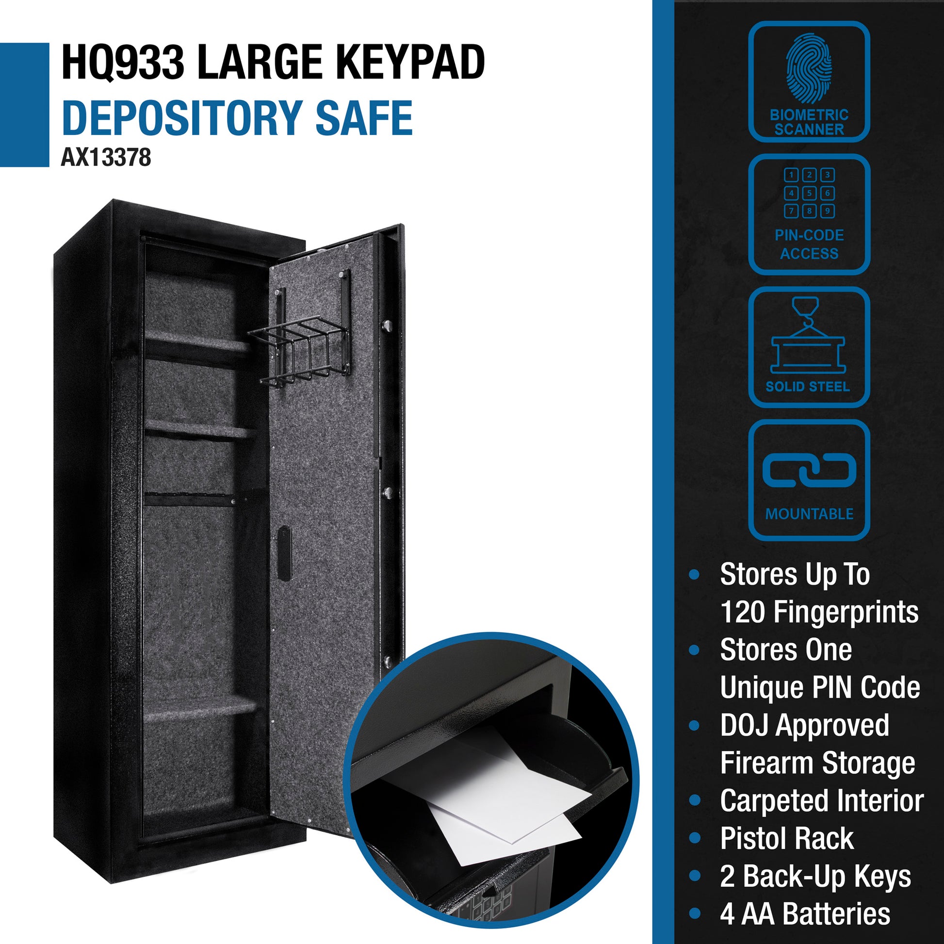 Large keypad depository safe with open door and grey interior