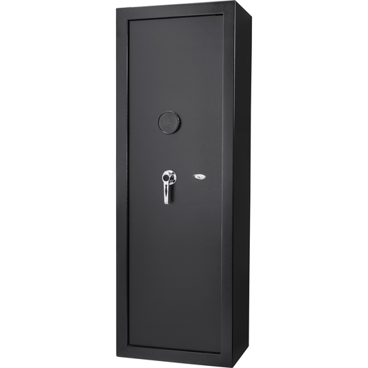 black steel rifle safe with combination lock and chrome handle