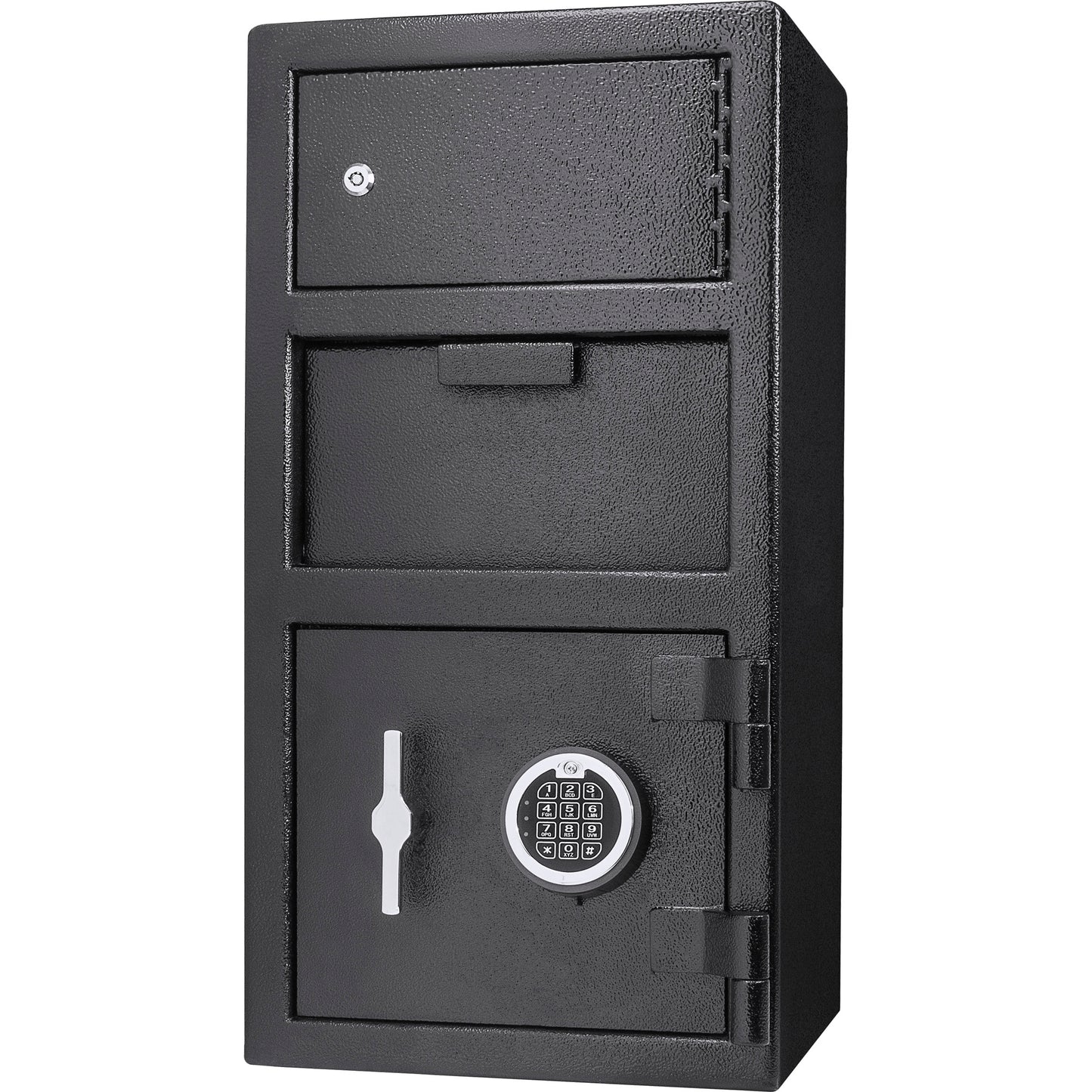 Black steel digital safe with multiple compartments and keypad lock