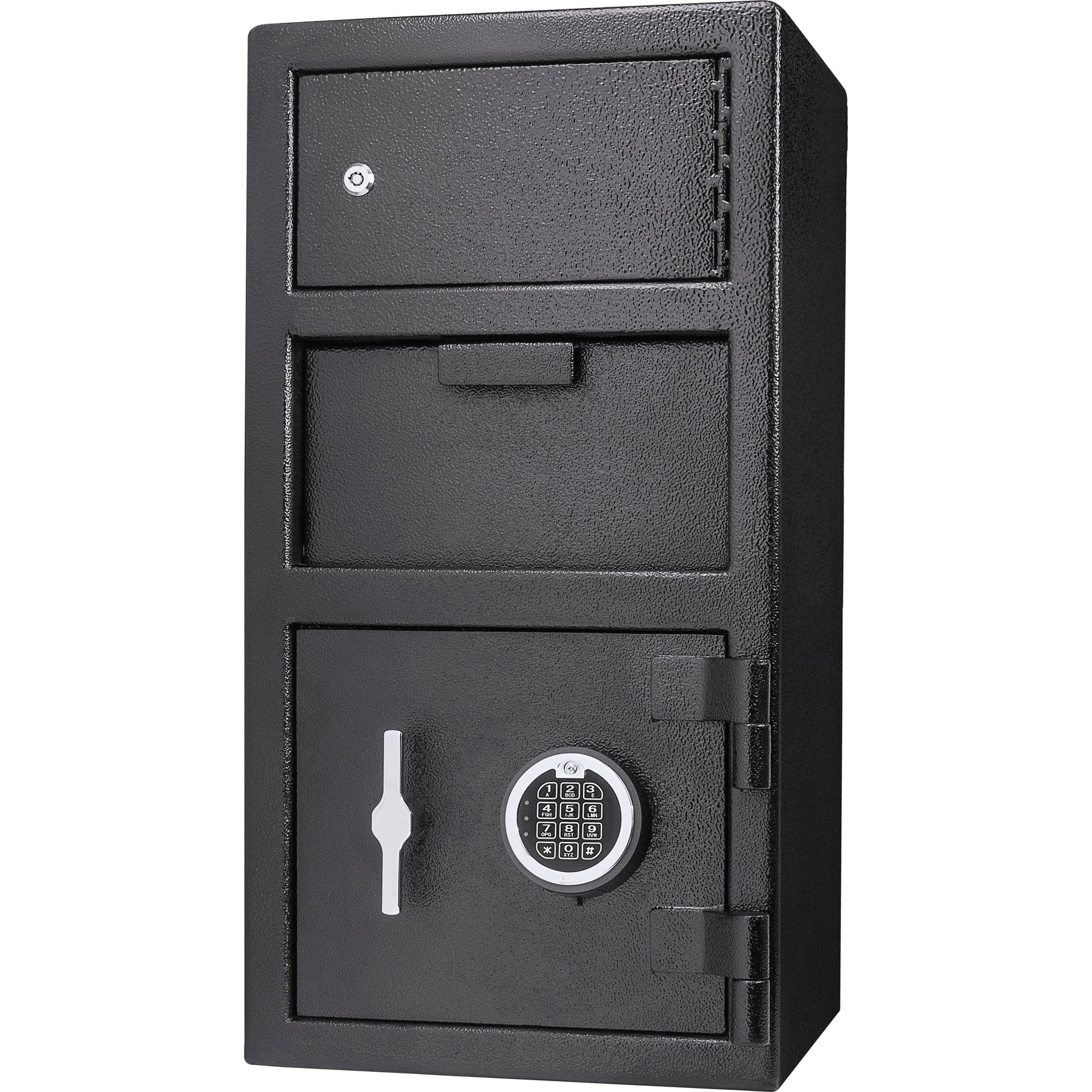 Black steel digital safe with multiple compartments and keypad lock