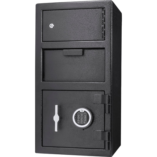 Black steel digital safe with multiple compartments and keypad lock