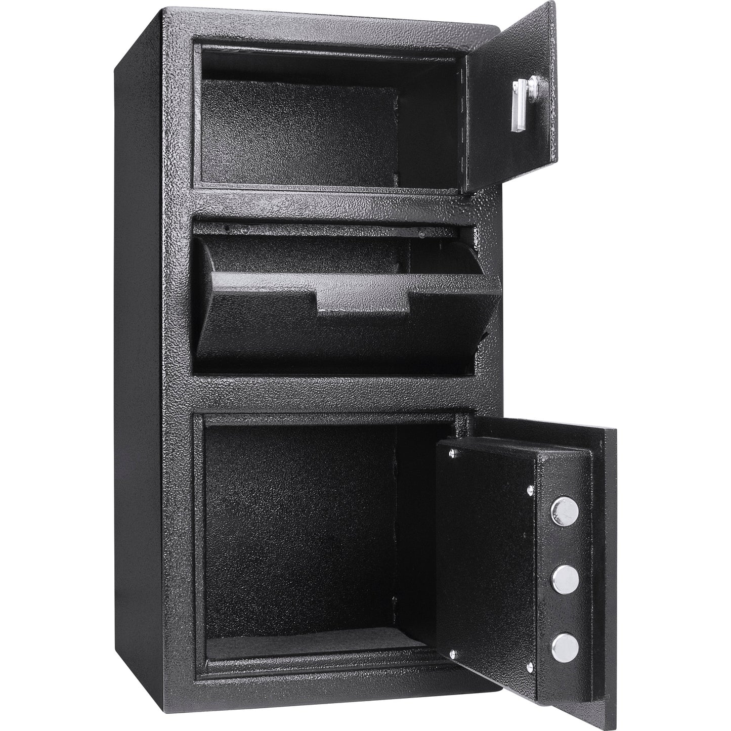 Black steel drop slot safe with multiple compartments and opened door showing locking mechanism