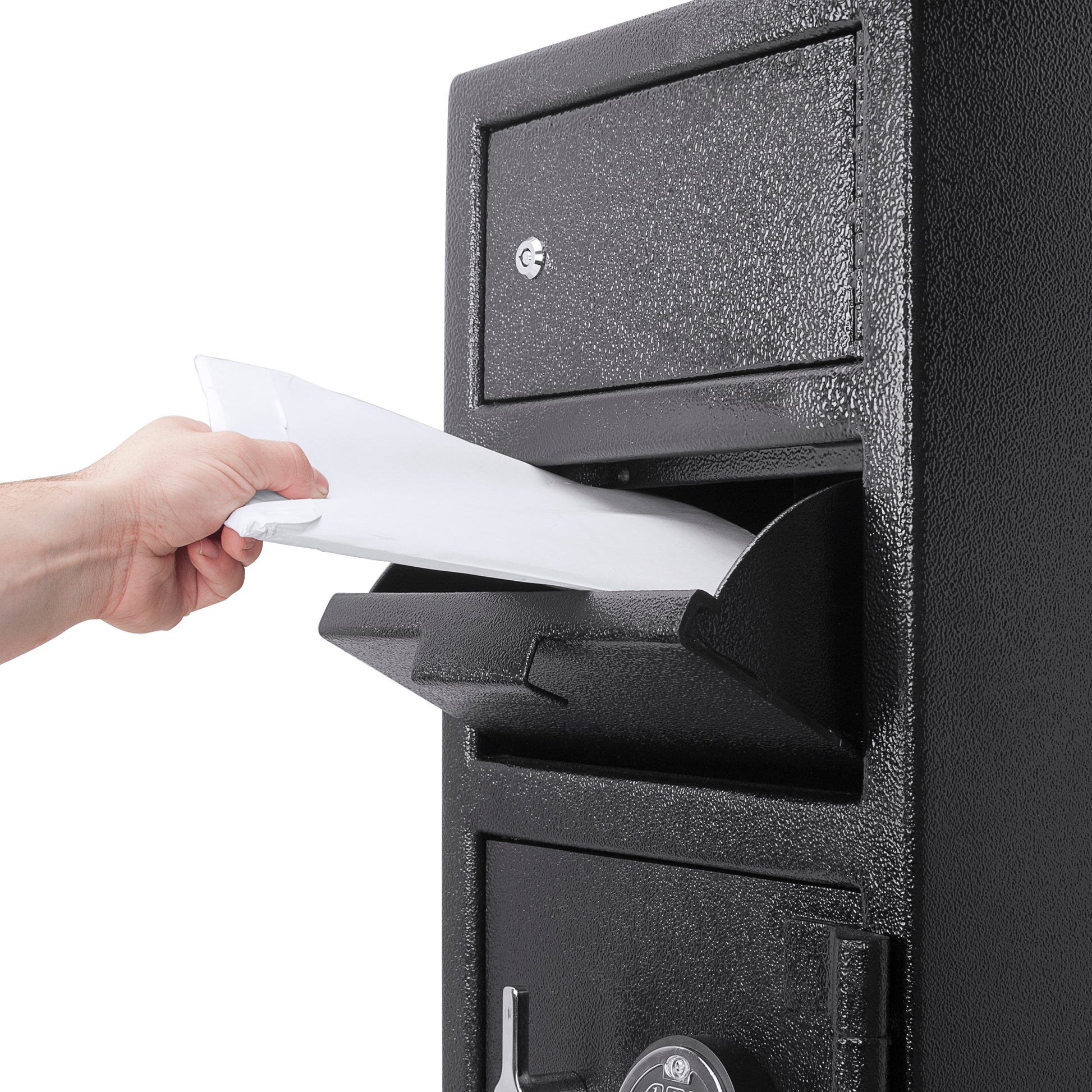 Black metal drop box safe with a hand inserting a letter