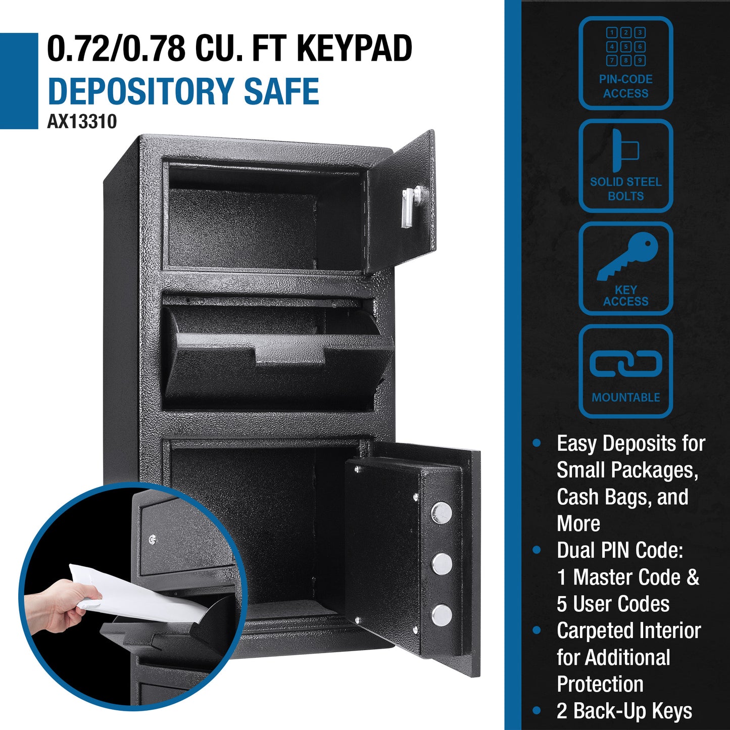 Black keypad depository safe with open top deposit slot and interior shelves