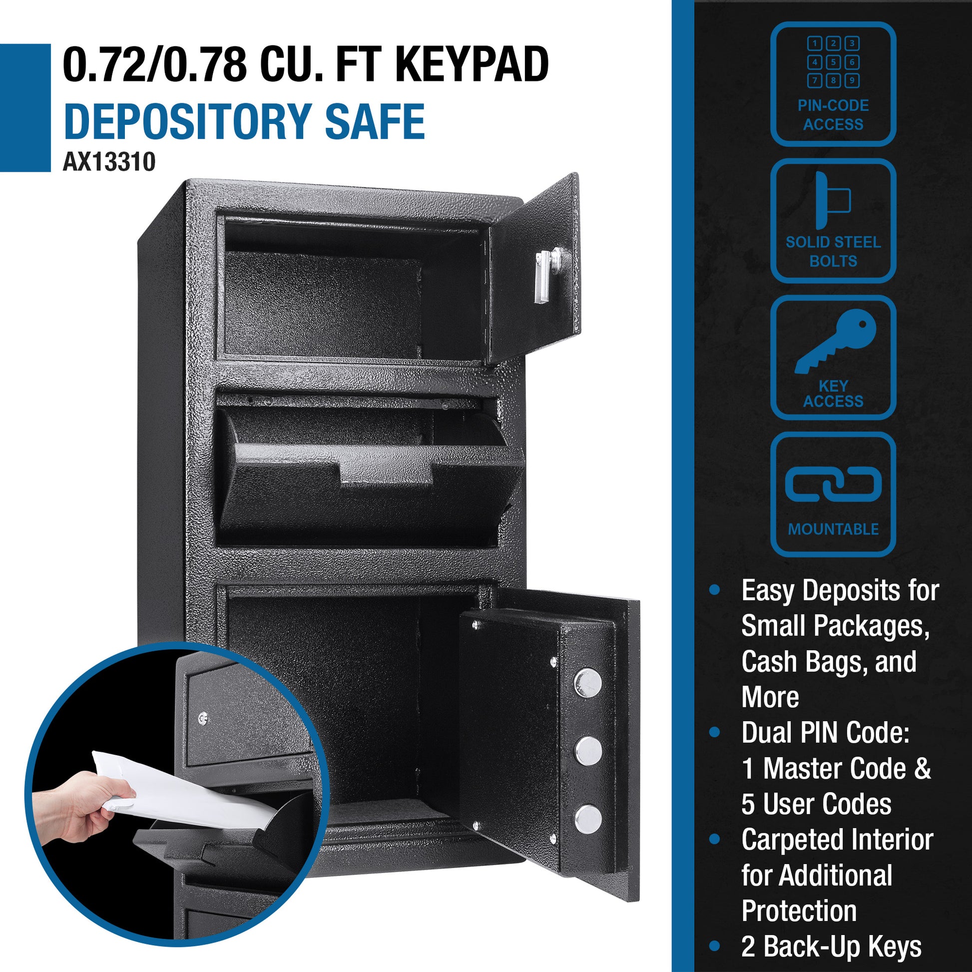 Black keypad depository safe with open top deposit slot and interior shelves