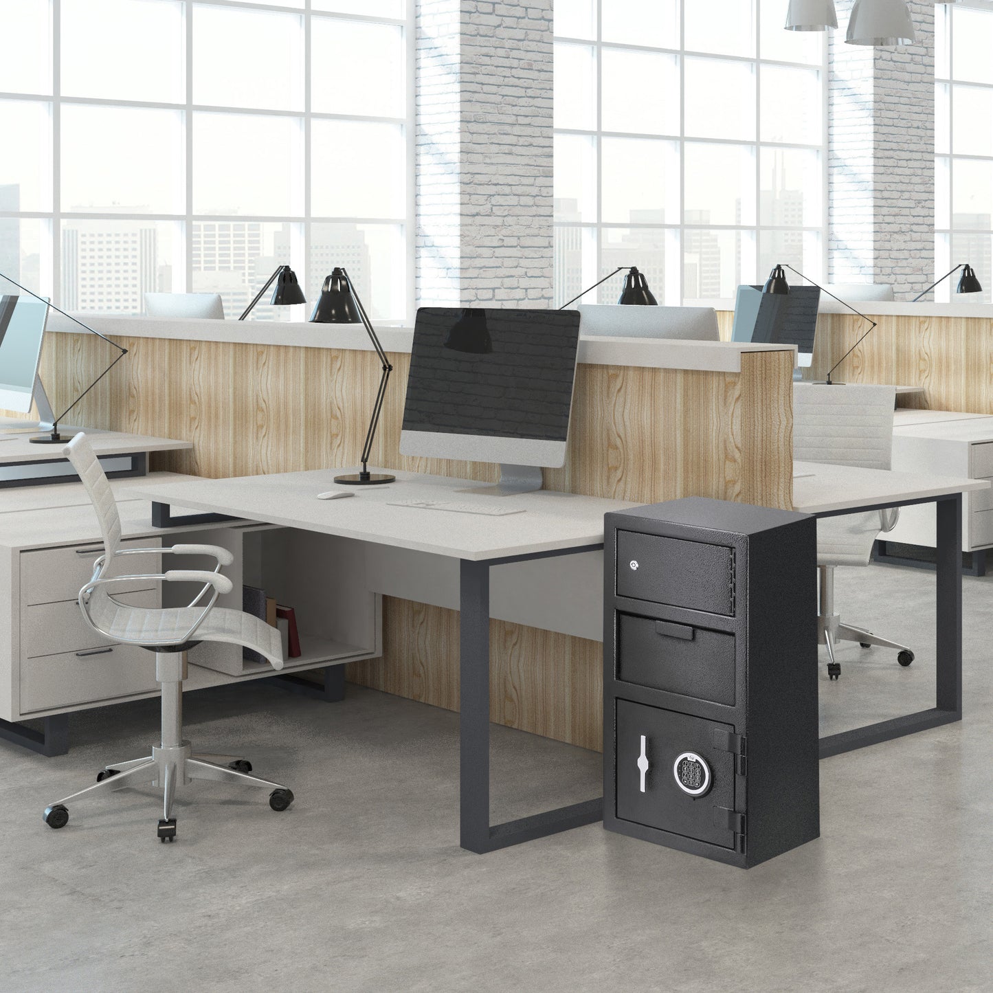 Black digital security safe with two drawers and combination lock
