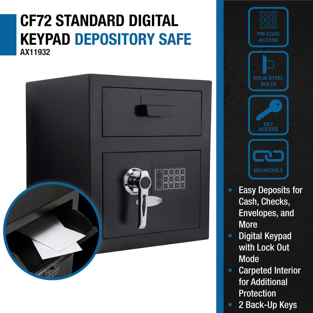 Black digital keypad depository safe with dual drawers and silver handle