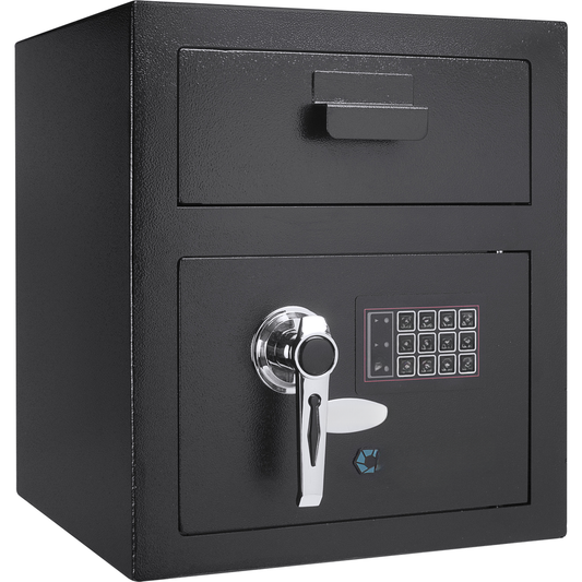 Black electronic safe with dual drawers and digital keypad