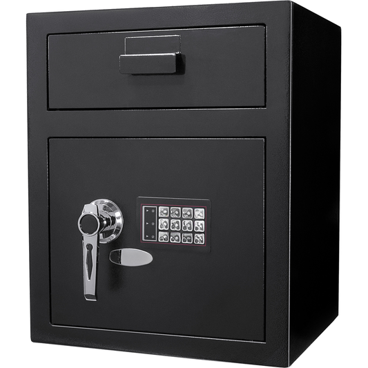 Black digital security safe with chrome handle and keypad