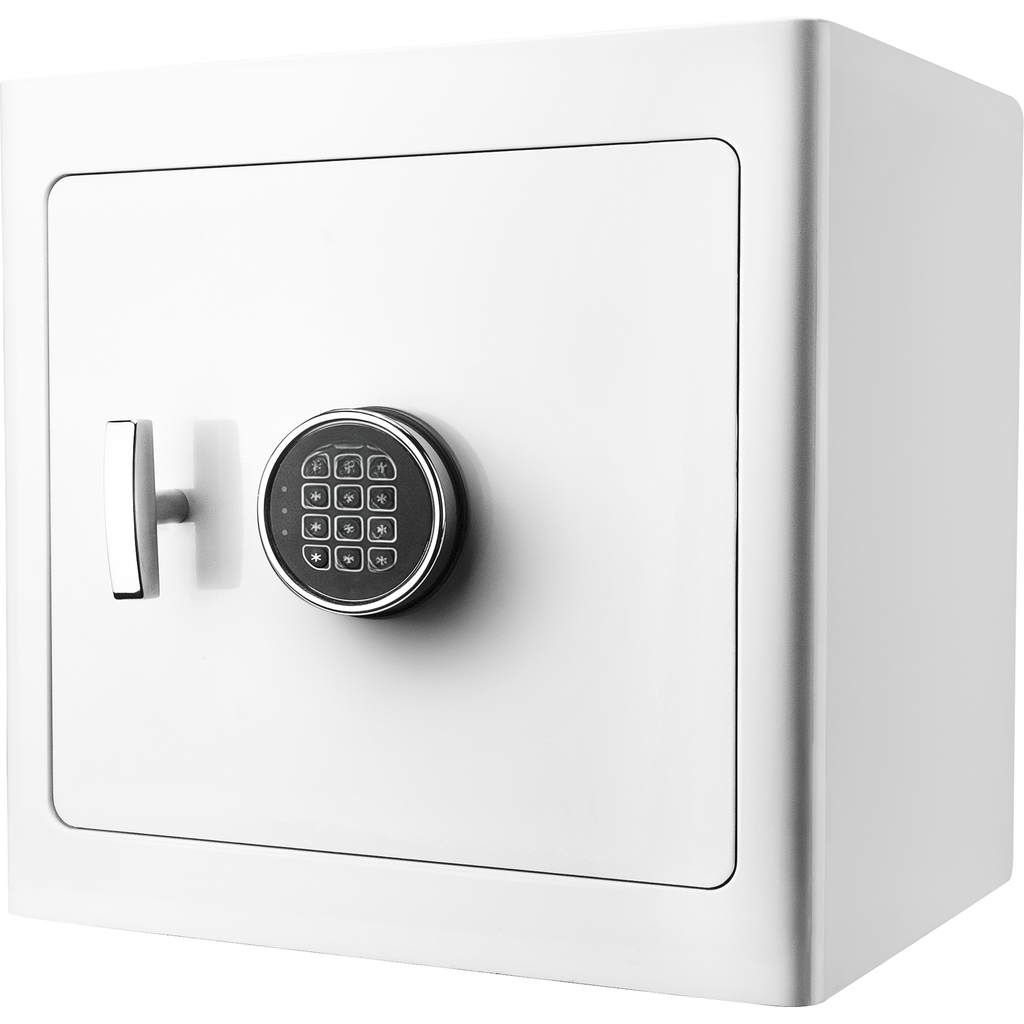 White digital keypad safe with chrome handle and illuminated keypad