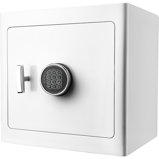 White digital keypad safe with chrome handle and illuminated keypad