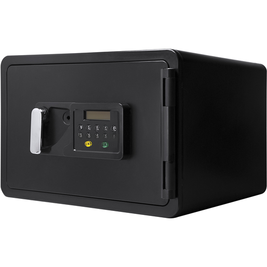 Black digital security safe with chrome handle and keypad