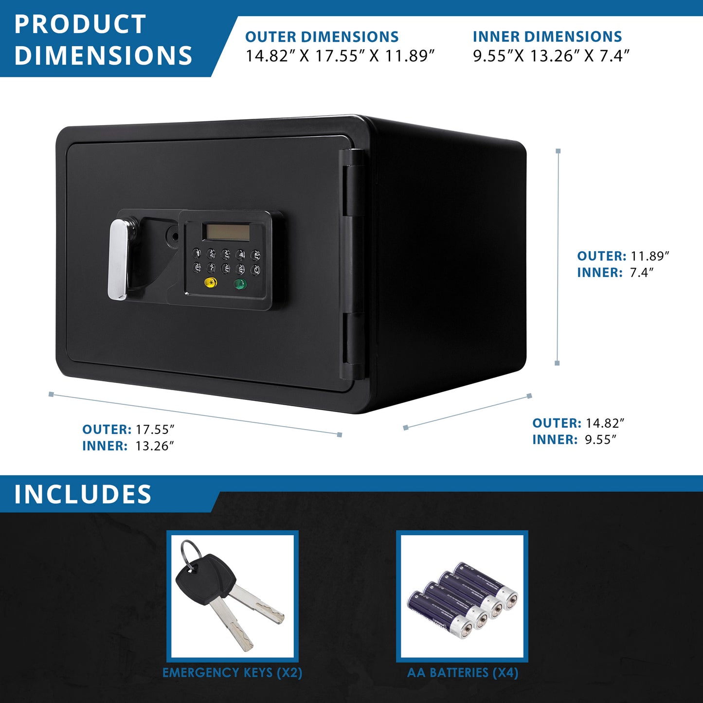 Black digital safe with chrome handle and keypad  W x  D