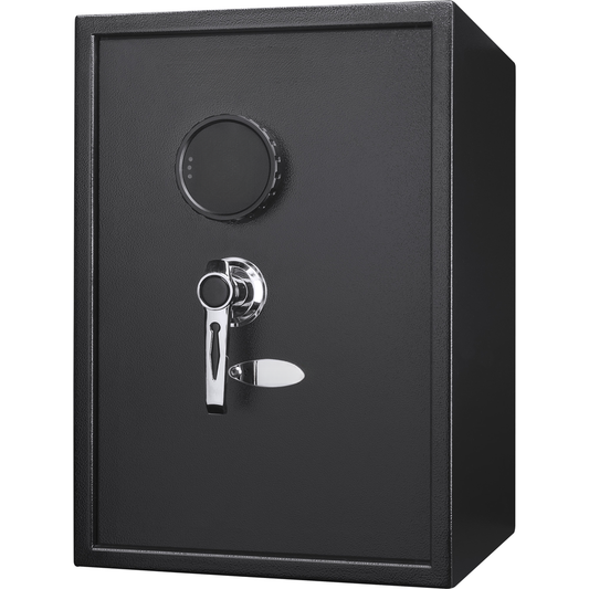 Black digital safe with chrome handle and keypad