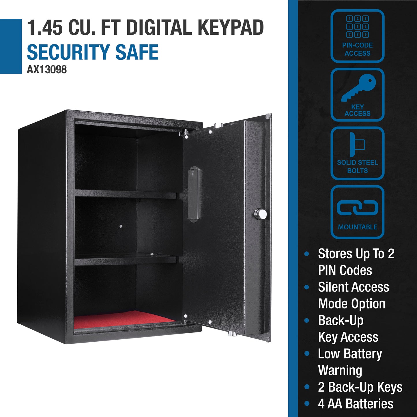Black  cu ft digital keypad security safe with open door revealing shelves