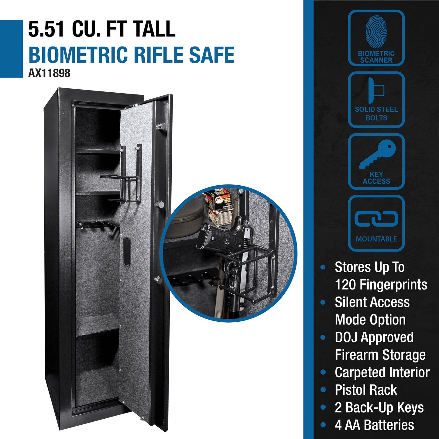 Tall  cu ft biometric rifle safe with internal gun rack and carpeted interior