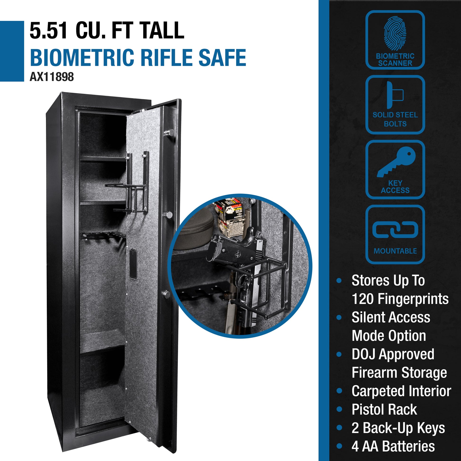 Tall  cu ft biometric rifle safe with internal gun rack and carpeted interior