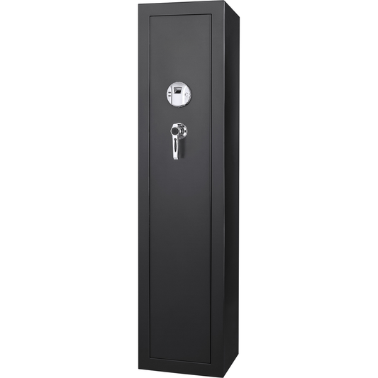 Tall black gun safe with biometric scanner and chrome handle