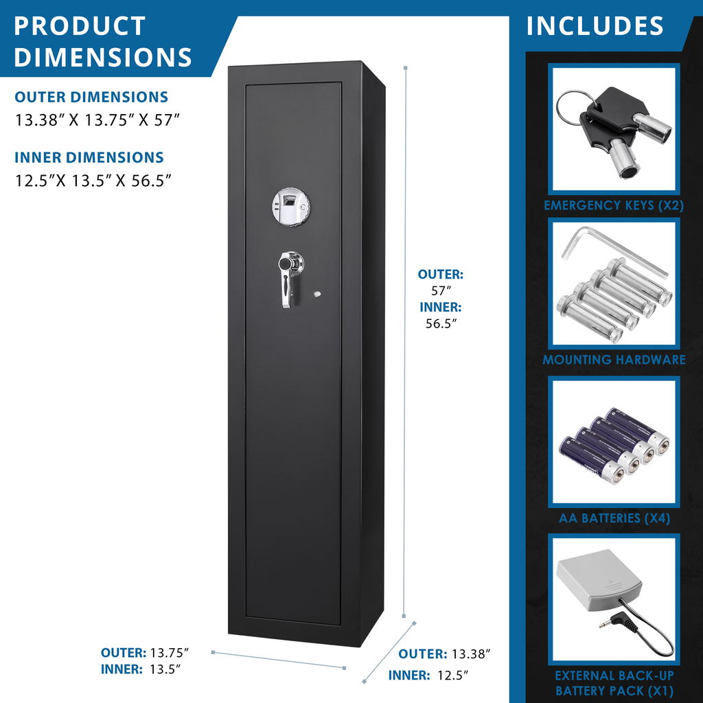 Tall black gun safe with fingerprint scanner and key lock