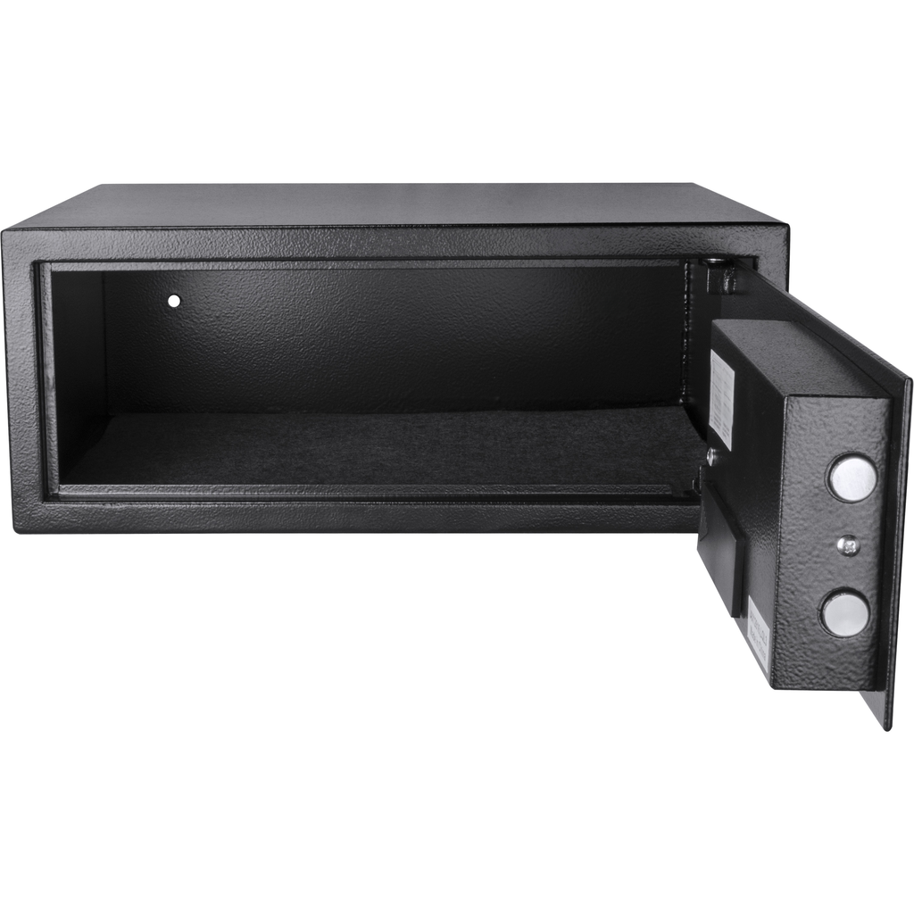 Black digital safe with open door revealing interior