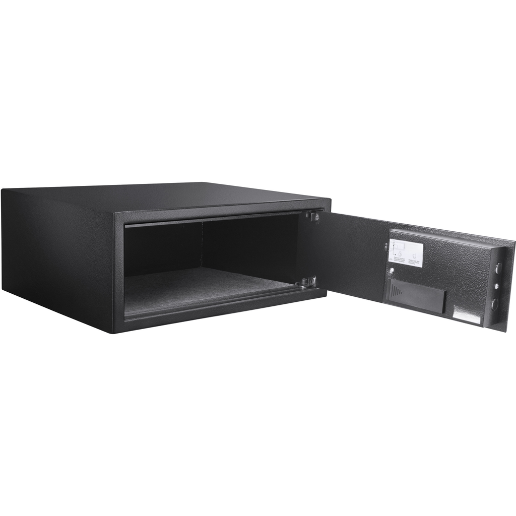Black steel security safe with open door showing padded interior