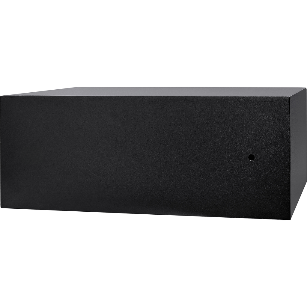 Black metal safe with textured finish and small keyhole on the right side