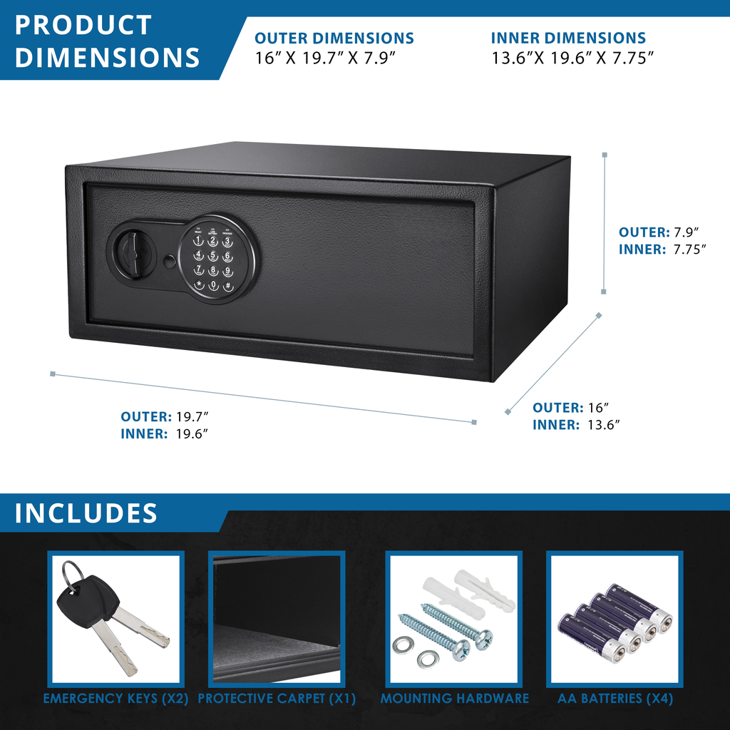 Black digital safe with keypad and emergency keys for home security