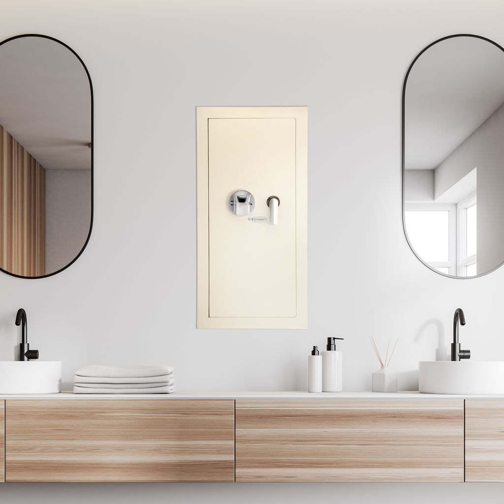 Tall cream recessed wall safe with silver handle and keypad